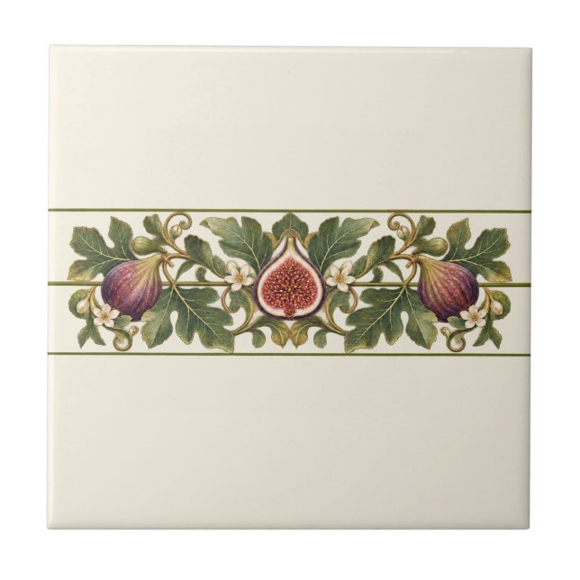 Fig Leaf Scroll Custom Background Frieze Ceramic Tile (Original Fig Leaf Scroll design on a warm ivory background.)