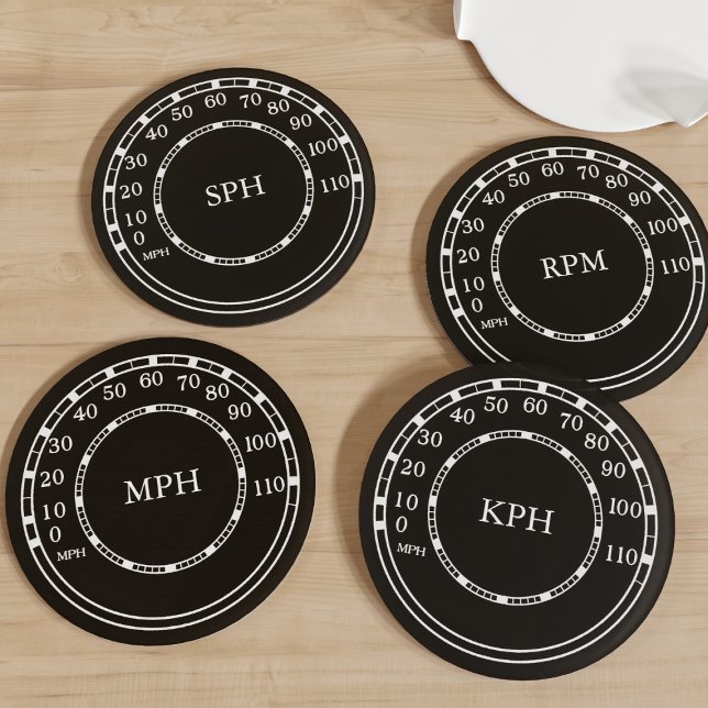 Figarations Figaro Black Speedometer Coaster Set (Fun coasters for your speedometer loving friends. Add their initials)