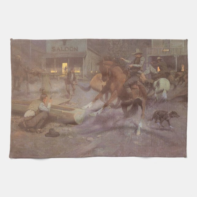 Fight at the Roundup Saloon by Bill Gollings Kitchen Towel (Horizontal)