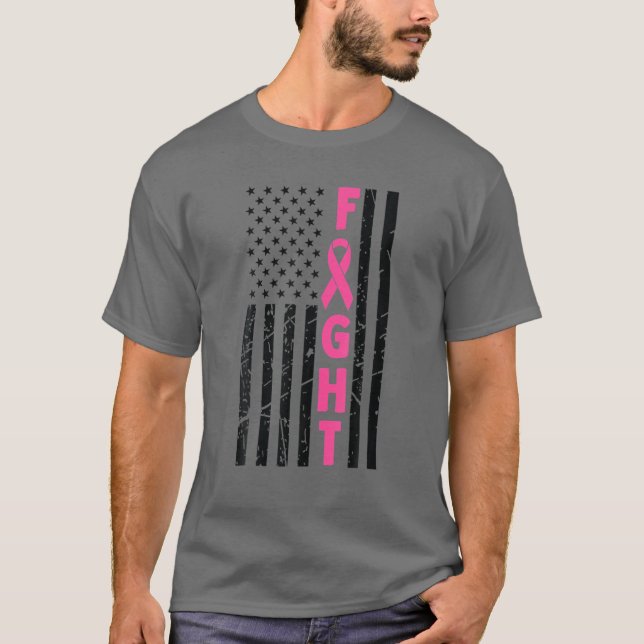 Fight Breast Survivor American Flag Breast Cancer T-Shirt (Front)