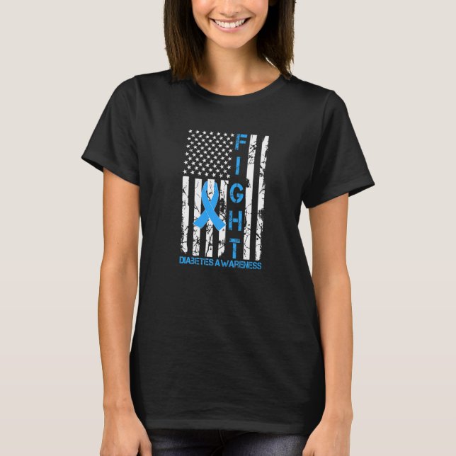 Fight Diabetes Awareness USA Flag Blue Ribbon Surv T-Shirt (Front)