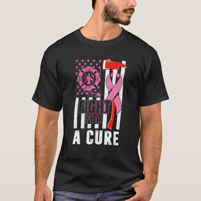 Fight For A Cure Firefighter US Flag Breast Cancer T-Shirt (Front)