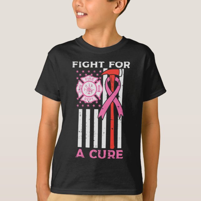 Fight For A Cure Firefighter Us Flag Breast Cancer T-Shirt (Front)