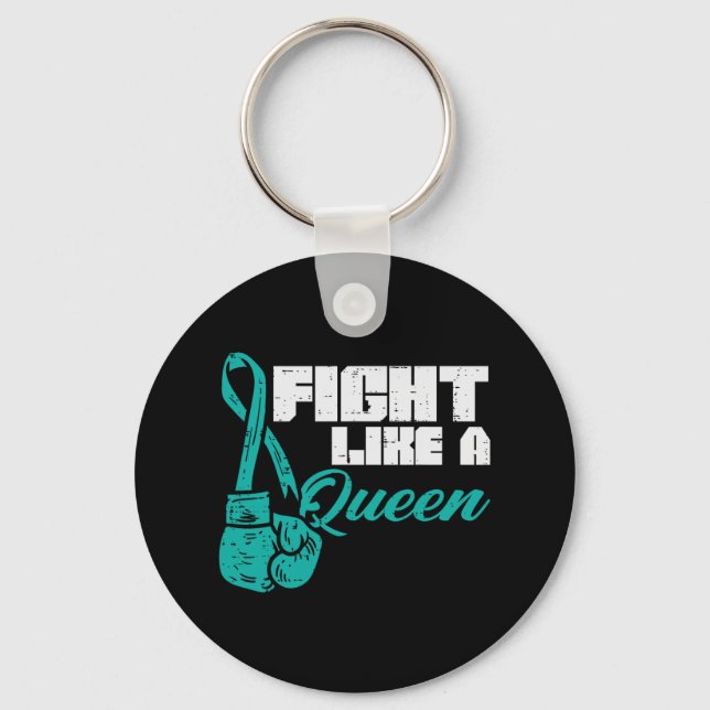 Fight Like Queen Teal Boxing Gloves Ovarian Cancer Keychain (Front)