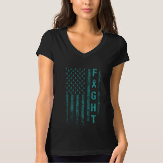 Fight Ovarian American Flag Cancer Awareness T-Shirt