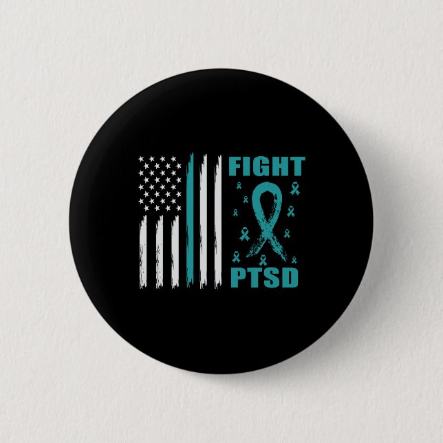 Fight Ptsd Teal Ribbon And Flag  Button (Front)