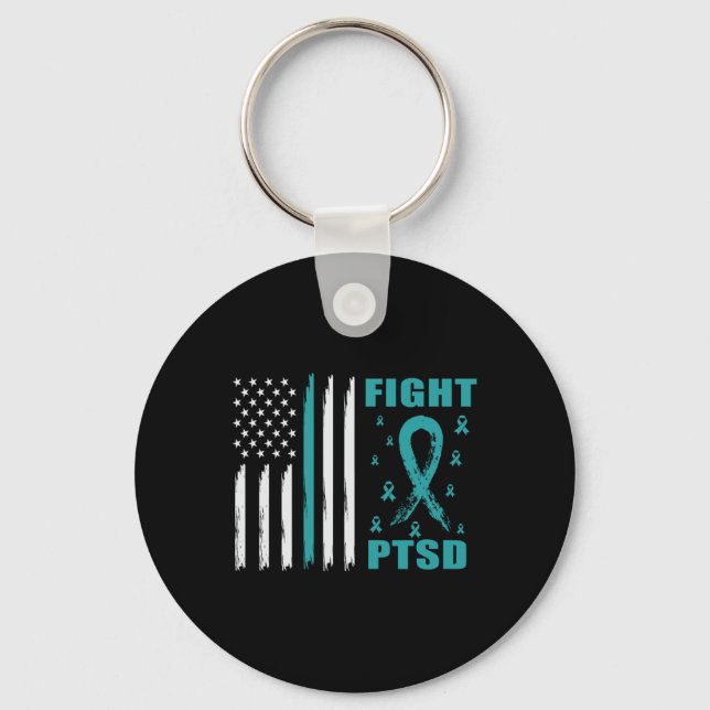 Fight Ptsd Teal Ribbon And Flag  Keychain (Front)
