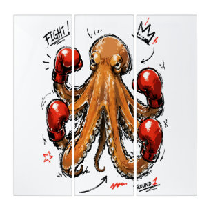 Fight Round 1 Boxing Octopus – Bold Hand-Drawn Triptych