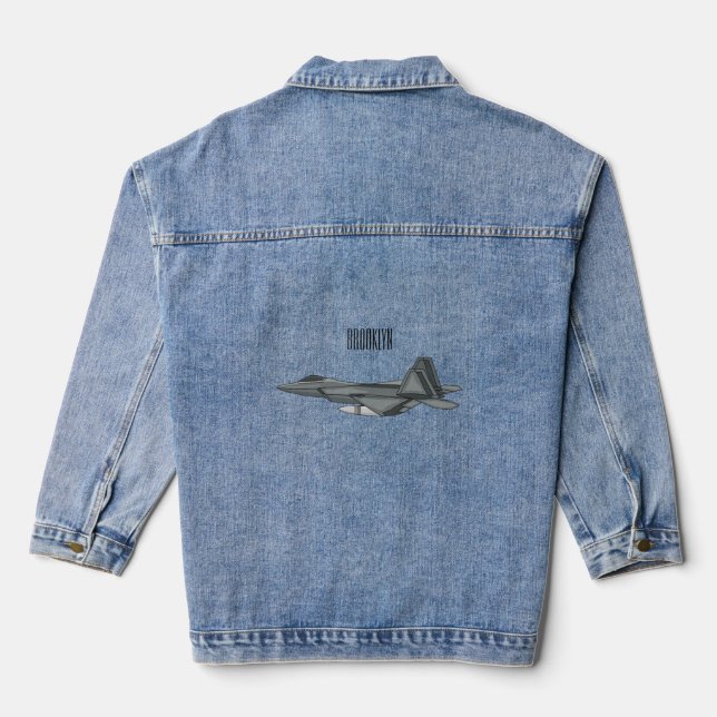 Fighter aircraft cartoon illustration denim jacket (Back)