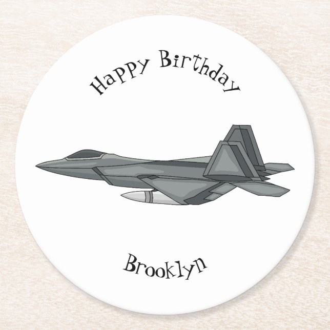 Fighter aircraft cartoon illustration round paper coaster (Front)