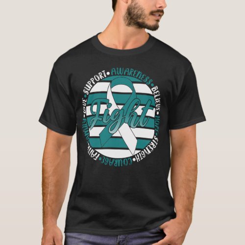 Fighter Cervical Cancer Png Teal and White Ribbon T_Shirt