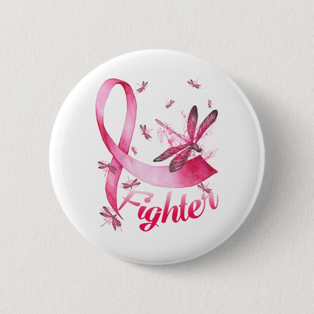 Fighter Dragonfly Pink Ribbon Breast Cancer Button (Front)