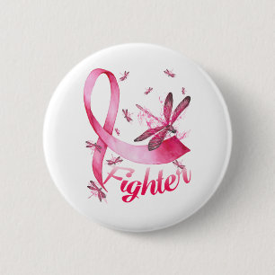 Fighter Dragonfly Pink Ribbon Breast Cancer Button