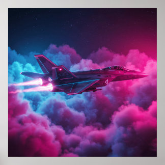 Fighter Jet Above The Clouds Colorful Poster