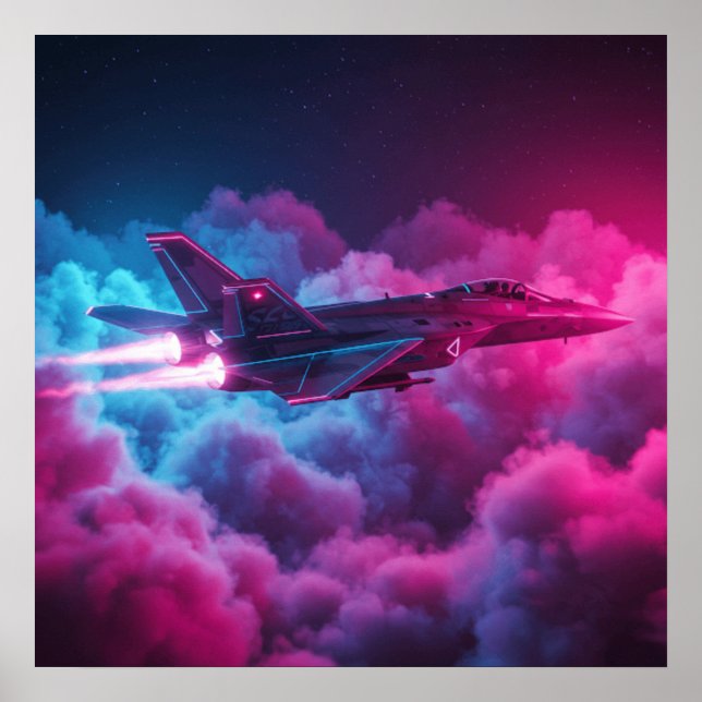 Fighter Jet Above The Clouds Colorful Poster (Front)