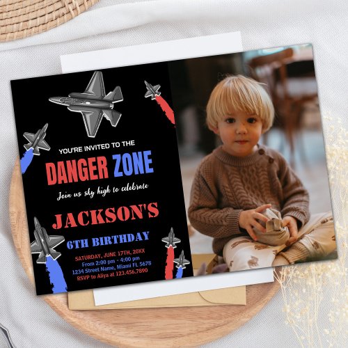 Fighter Jet Birthday Black Red Blue Gray w photo Invitation