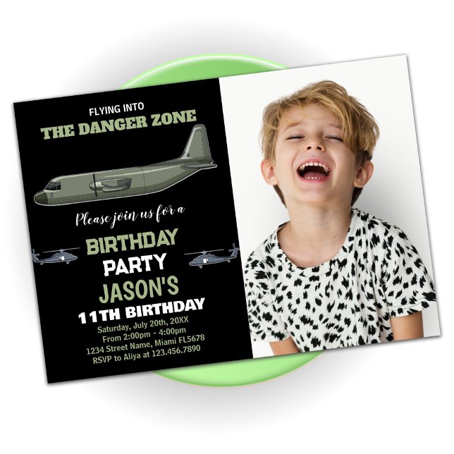 Fighter Jet Birthday Invitations Green Black photo (Fighter Jet Birthday Invitations Green Black photo)