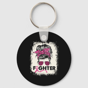 Fighter Messy Bun Breast Cancer Awareness Pink War Keychain