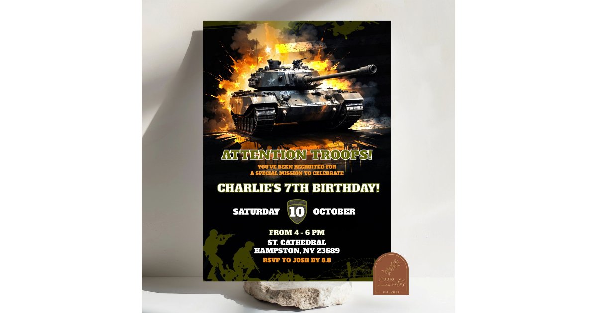 Fighter Soldier Tank Camoflauge Birthday Boy Invitation | Zazzle