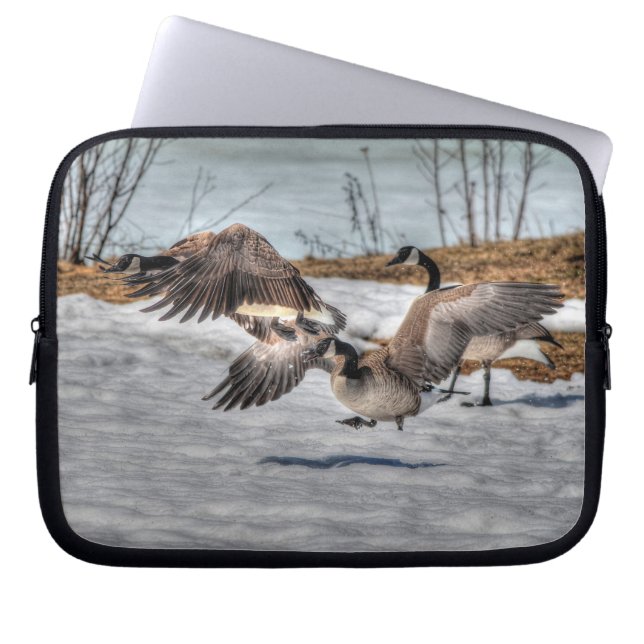 Fighting Canada Geese on Snow 2 Wildlife Scene Laptop Sleeve (Front)