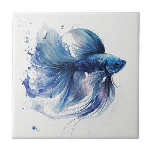 Fighting Fish Blue Watercolor Ceramic Tile