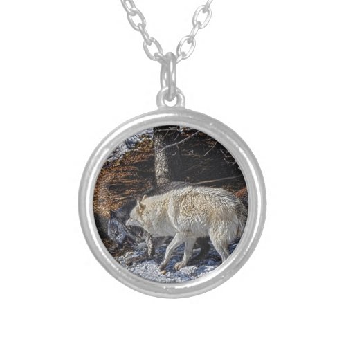 Fighting Grey Wolves Silver Plated Necklace