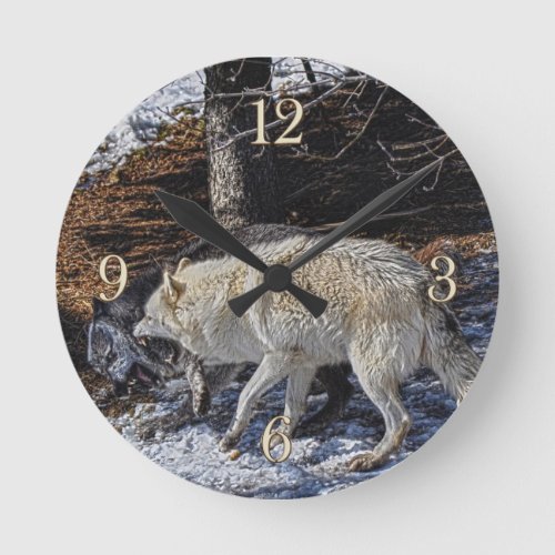 Fighting Grey Wolves Wildlife Clock