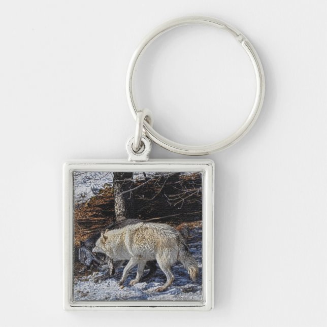 Fighting Grey Wolves Wildlife Photo Art Keychain (Front)