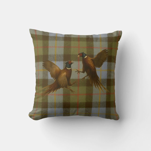 Fighting Pheasants on tweed / tartan background  Throw Pillow (Front)
