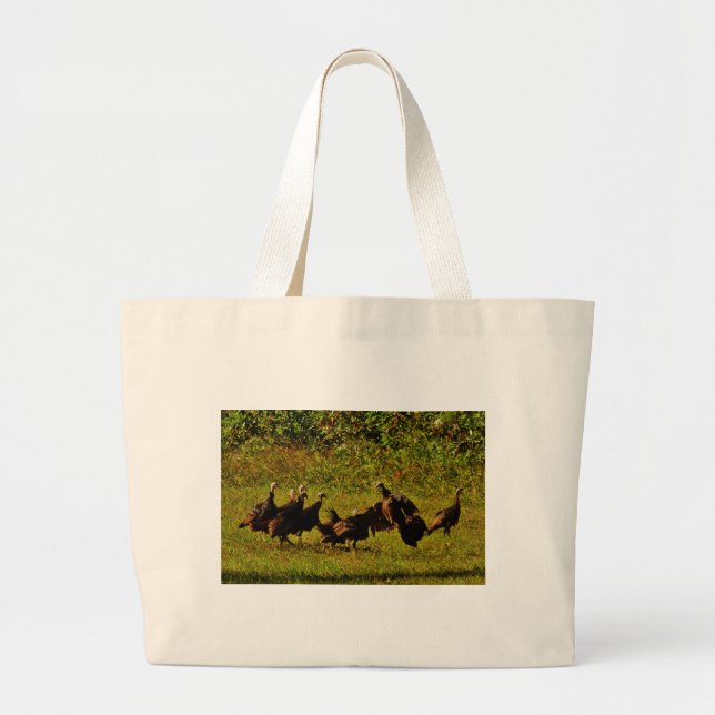 Fighting Wild Turkeys in The Smoky Mountains Large Tote Bag (Front)