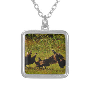 Fighting Wild Turkeys in The Smoky Mountains Silver Plated Necklace