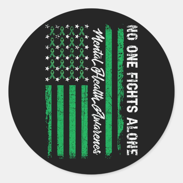 Fights USA Flag Mental Health Awareness Green Classic Round Sticker (Front)