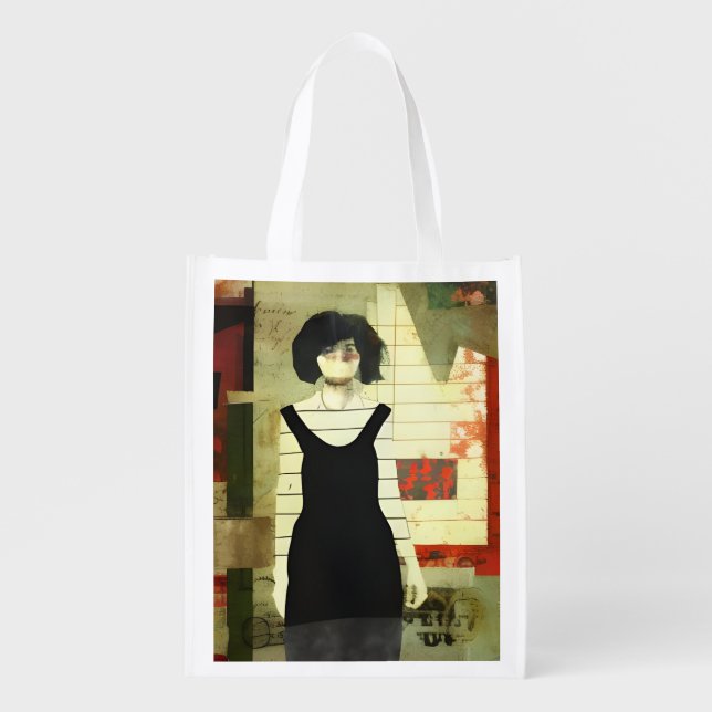 Figurative Collage Mixed Media Grocery Bag (Front)