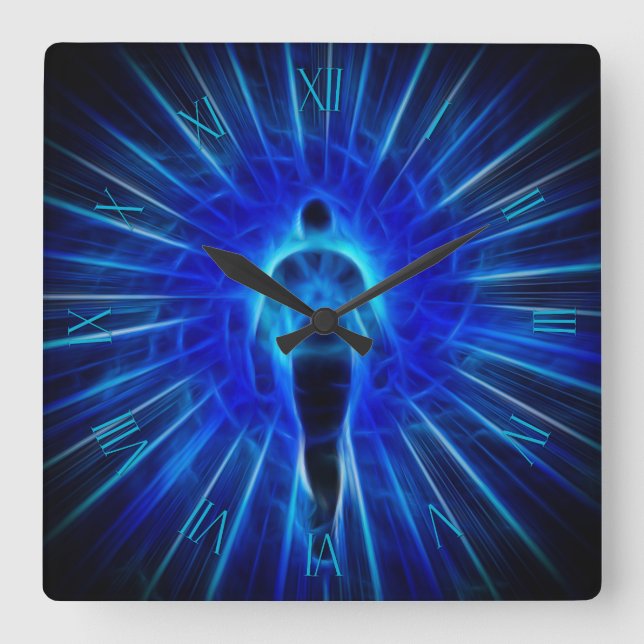 Figure emerges from light square wall clock (Front)