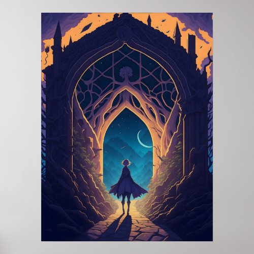 Figure looking through a portal to another world poster
