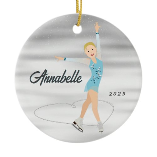 Figure Skater Blonde in Aqua Ceramic Ornament