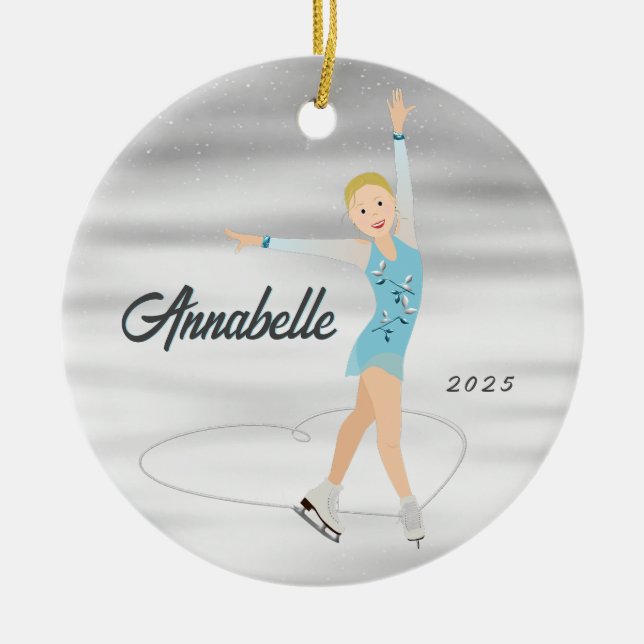 Figure Skater Blonde in Aqua Ceramic Ornament (Front)