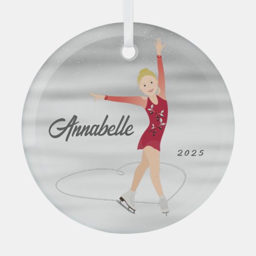 Figure Skater Blonde in Red Glass Ornament