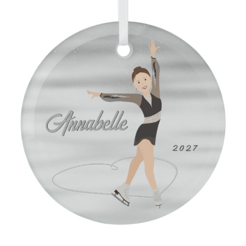 Figure Skater Brown Hair in Black Glass Ornament
