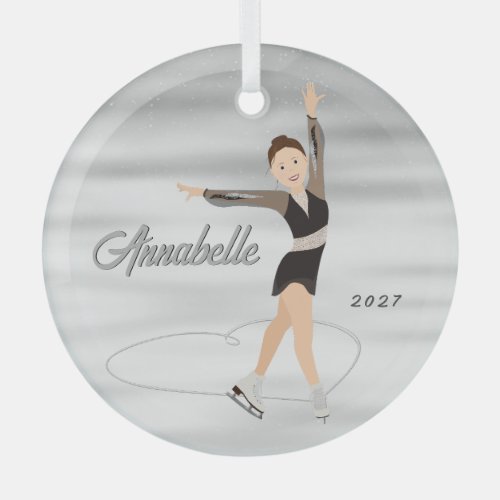 Figure Skater Brown Hair in Black Glass Ornament