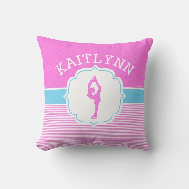 Figure Skater Pink Stripes with Baby Blue Throw Pillow (Front)