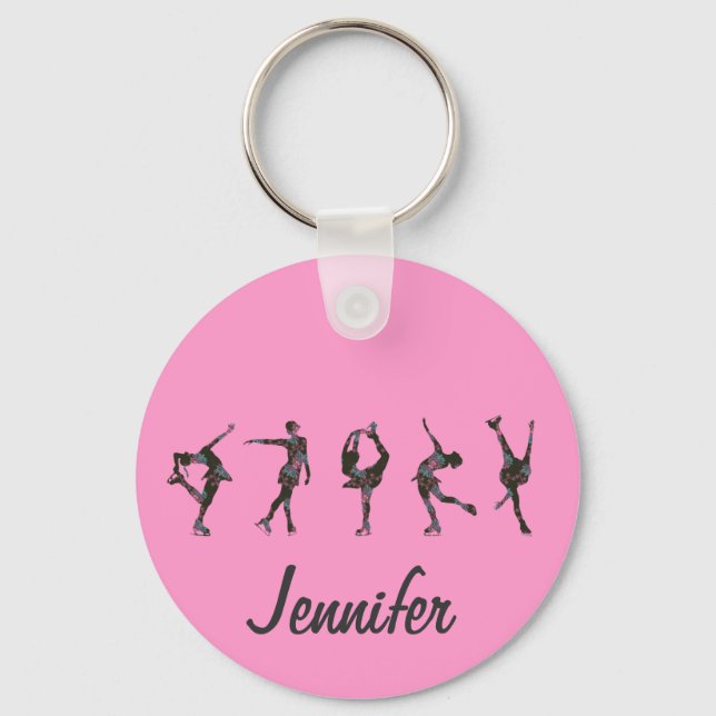 Figure Skaters, Pink, Gray Personalize Keychain (Front)