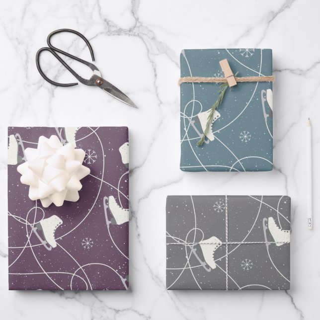 Figure Skates skating on 3 colors Wrapping Paper Sheets (Front)