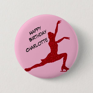 Figure Skating Birthday Pink / Red Paper   Button