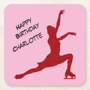 Figure Skating Birthday Pink / Red   Square Paper Coaster