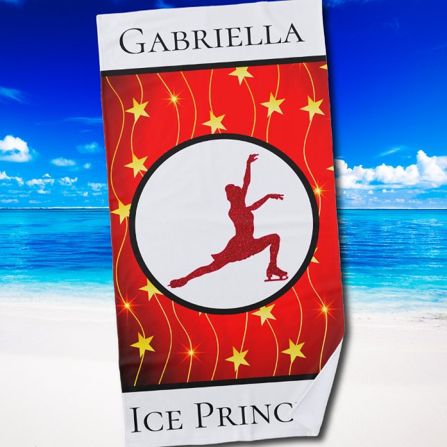 Figure Skating "Ice Princess" Gold Star Beach Towel (Figure Skating Red "Ice Princess" Gold Star Beach Towel)
