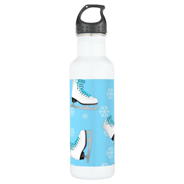 Figure Skating - Ice Skates Blue with Snowflakes Stainless Steel Water Bottle (Front)