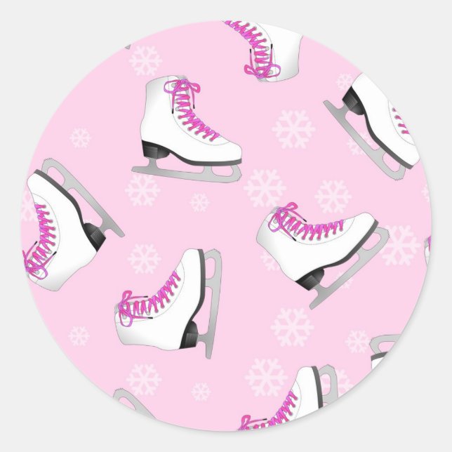Figure Skating - Ice Skates Pink with Snowflakes Classic Round Sticker (Front)