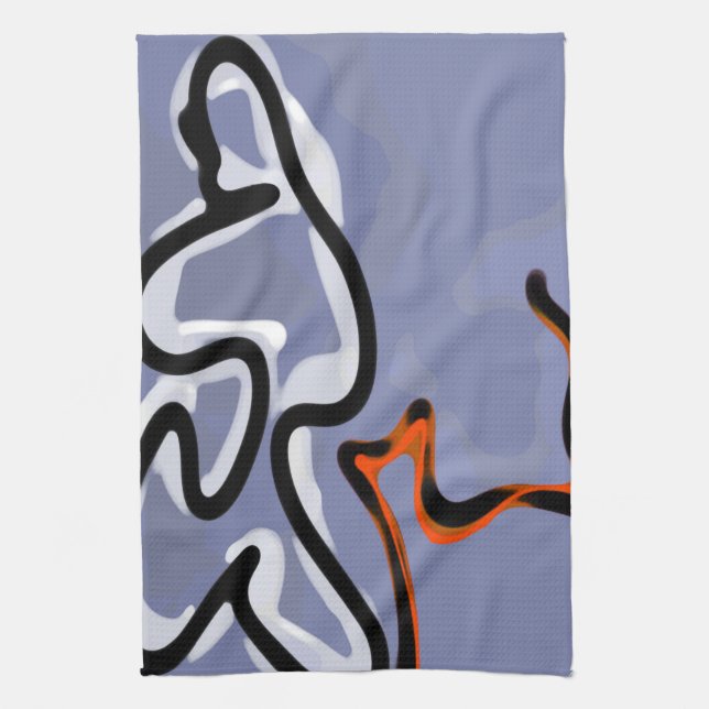 Figure with Feline: Abstract Blue, Orange, B & W Kitchen Towel (Vertical)