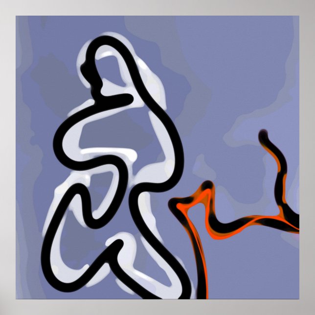 Figure with Feline: Abstract Blue, Orange, B & W Poster (Front)